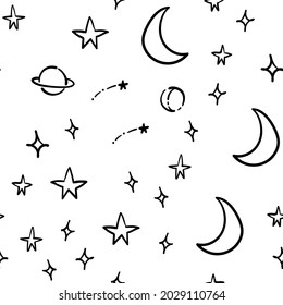 Stars, planets and moons seamless pattern. Hand drawn sky element doodles. Background texture. Space, universe and cosmos.