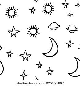 Stars, planets and moons seamless pattern. Hand drawn sky element doodles. Background texture. Space, universe and cosmos.
