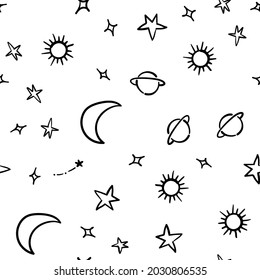 Stars, planets and moons seamless pattern. Hand drawn sky element doodles. Background texture. Space, universe and cosmos.