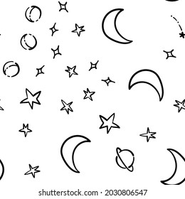 Stars, planets and moons seamless pattern. Hand drawn sky element doodles. Background texture. Space, universe and cosmos.