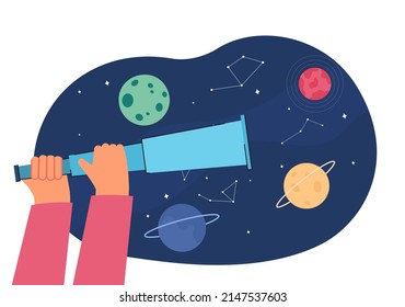 Stars and planets on night sky and hands holding spyglass. Person looking at constellations through telescope flat vector illustration. Astronomy, space, education concept for banner, website design