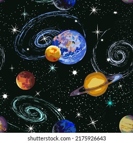 Stars and planets in a pattern.Colorful vector seamless pattern with planets, stars and galaxies.