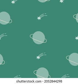 Stars and planets seamless pattern for children nursery scandinavian boho design wallpaper wrapping paper fabrics textile design green sage color calm space universe cosmos