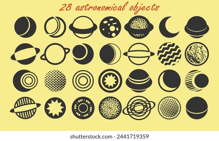 Stars and planets. Stylized icons of celestial bodies. 28 astronomical objects. Vector set