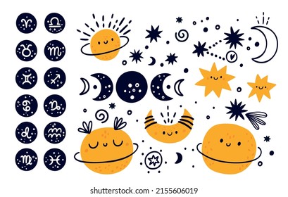 Stars, planets, zodiac signs collection. Astronomy vector set for kids. Constellation design elements and symbols isolated on white background. 