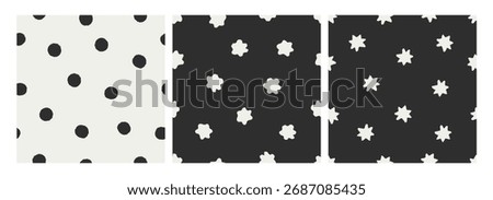 Stars and polka dot, seamless patterns set. Black and white endless backgrounds, repeating print, repeatable texture for modern fabric, wrapping paper, wallpaper design. Flat vector illustrations
