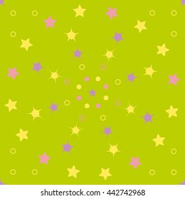 Stars with polka dots seamless pattern on lime background . Fashion graphic design. Modern stylish abstract texture. Template for prints, textile and decoration, wallpaper. Vector illustration.