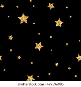 Stars polka dots seamless pattern gold and black retro background. Abstract bright golden design for wallpaper, christmas decoration, confetti, textile, wrapping. Symbol holiday Vector illustration