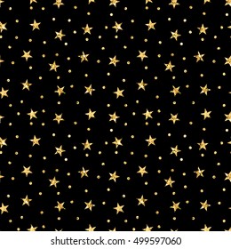 Stars polka dots seamless pattern gold and black retro background. Abstract bright golden design for wallpaper, christmas decoration, confetti, textile, wrapping. Symbol holiday Vector illustration