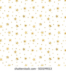 Stars polka dots seamless pattern gold and white retro background. Abstract bright golden design for wallpaper, christmas decoration, confetti, textile, wrapping. Symbol holiday Vector illustration