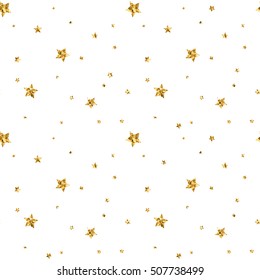 Stars polka dots seamless pattern gold and white retro background. Abstract bright golden design for wallpaper, christmas decoration, confetti, textile, wrapping. Symbol holiday Vector illustration
