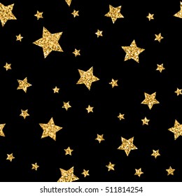 Stars polka dots seamless pattern gold and black retro background. Abstract bright golden design for wallpaper, christmas decoration, confetti, textile, wrapping. Symbol holiday Vector illustration