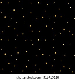 Stars polka dots seamless pattern gold and black retro background. Abstract bright golden design for wallpaper, christmas decoration, confetti, textile, wrapping. Symbol holiday Vector illustration