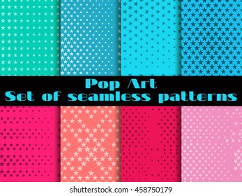 Stars, Pop Art seamless pattern background. Set vector illustration.