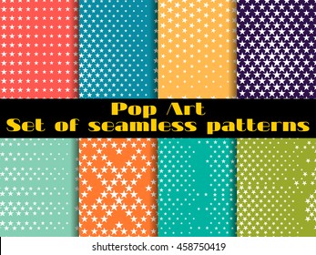 Stars, Pop Art seamless pattern background. Set vector illustration.