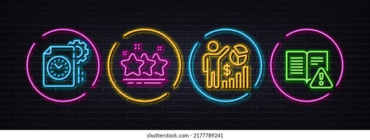 Stars, Project deadline and Seo statistics minimal line icons. Neon laser 3d lights. Instruction manual icons. For web, application, printing. Ranking stars, Time management, Analytics chart. Vector