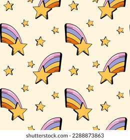 Estrellas y arcoiris de diseño sin fisuras o de fondo en estilo retro de los años 70. Groovy ilustración del vector del doodle dibujado a mano. Paleta de colores cálidos.