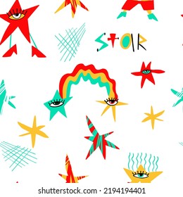 Stars and rainbow seamless pattern. Multicolored abstract background. Children drawing. For printing on fabric and paper. Vector illustration.