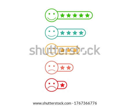 Stars ranking evaluation. Satisfaction feedback from low to high level. Ranking quality review. Choice statistic in red, orange and green. Excellent and bad  rate. Vector EPS 10