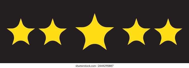 Stars rating 5 reviews on black background. Five yellow stars icon set. Special golden glowing five star rating icon showcasing customer feedback and ratings on black background.