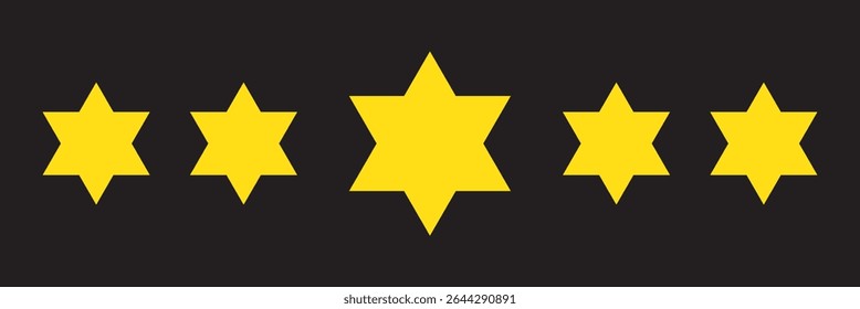 Stars rating 5 reviews on black background. Five yellow stars icon set. Special golden glowing five star rating icon showcasing customer feedback and ratings on black background.