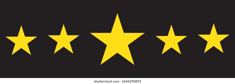 Stars rating 5 reviews on black background. Five yellow stars icon set. Special golden glowing five star rating icon showcasing customer feedback and ratings on black background.