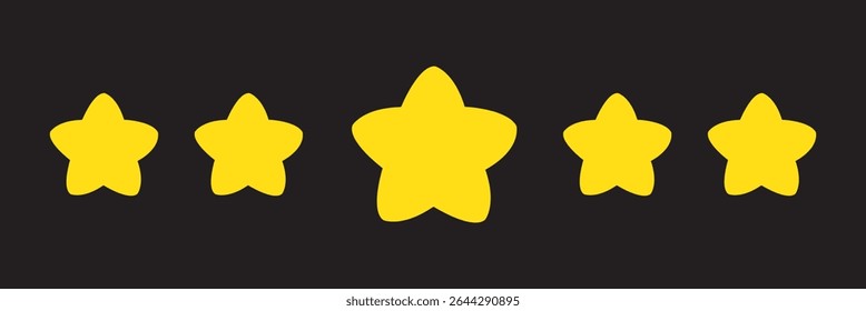 Stars rating 5 reviews on black background. Five yellow stars icon set. Special golden glowing five star rating icon showcasing customer feedback and ratings on black background.