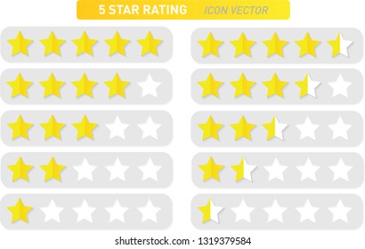 Stars rating design elements kit vector. Set of star shapes for ranking. Vector golden shiny rating 5 to 0 stars. 