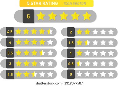 Stars rating design elements kit vector. Set of star shapes for ranking. Vector golden shiny rating 5 to 0 stars. 