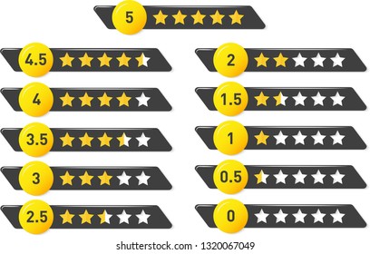 Stars Rating Design Elements Kit Vector. Set Of Star Shapes For Ranking. Vector Golden Shiny Rating 5 To 0 Stars. 