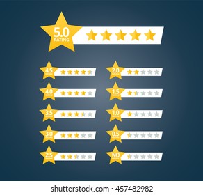 Stars rating design elements kit. Set of star shapes for ranking interface. Voting symbols from zero to ten points. Vector illustration in flat style.