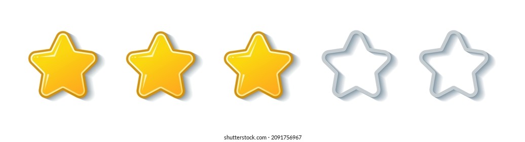 Stars rating panel template design for web and applications. Glossy gold star shape icons with shadows. Five-star rating panel. Star shapes with grey outline and shadows