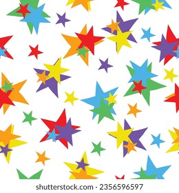 Stars of red, green, orange, yellow, blue, and purple are scattered across a white background for a cute kid's seamless pattern design.