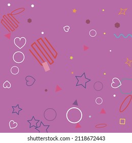 Stars Red Square Simple Green Polygonal Circle Geometrical Design. Lime Violet Colorful Rectangle Hearts Zigzag Blue Background. Orange Ring Bright Pastel Pink Wave Yellow Simple Hipster Art.