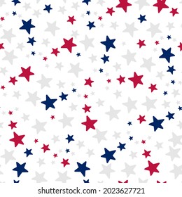 Stars. Repeating vector pattern. Isolated colorless background. Flat style. Seamless ornament in the colors of the USA flag. Delicate background. Idea for web design, packaging, wallpaper, covers
