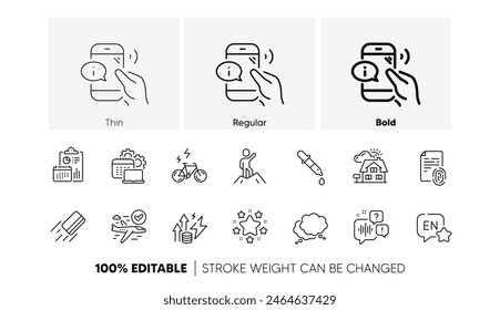 Stars, Report and Leadership line icons. Pack of Chemistry pipette, Speech bubble, Software icon. English, E-bike, Credit card pictogram. Confirmed flight, Fingerprint, Realtor. Line icons. Vector