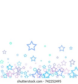 Stars and rings confetti. Scattered little blue, purple and turquoise elements. Random stellar falling on white background. Vector illustration.