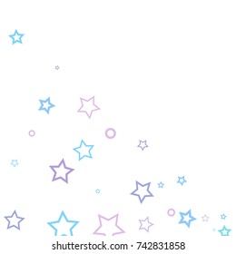 Stars and rings confetti. Scattered little blue, purple and turquoise elements. Random stellar falling on white background. Vector illustration.