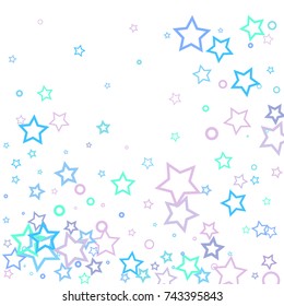Stars and rings confetti. Scattered little blue, purple and turquoise elements. Random stellar falling on white background. Vector illustration.