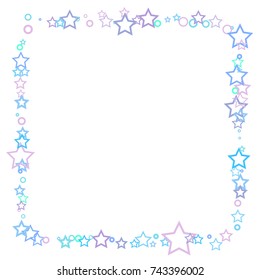 Stars and rings confetti. Scattered little blue, purple and turquoise elements. Random stellar falling on white background. Vector illustration.