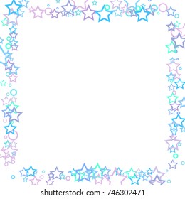 Stars and rings confetti. Scattered little blue, purple and turquoise elements. Random stellar falling on white background. Vector illustration.