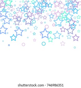 Stars and rings confetti. Scattered little blue, purple and turquoise elements. Random stellar falling on white background. Vector illustration.