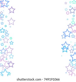Stars and rings confetti. Scattered little blue, purple and turquoise elements. Random stellar falling on white background. Vector illustration.
