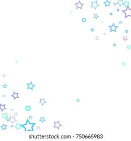 Stars and rings confetti. Scattered little blue, purple and turquoise elements. Random stellar falling on white background. Vector illustration.