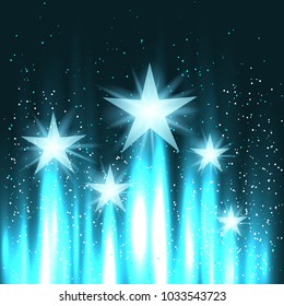 Stars rise up into the sky on blue light rays background. Abstract star with glow lights beam lift up in dark. Fantasy space galaxy shape design