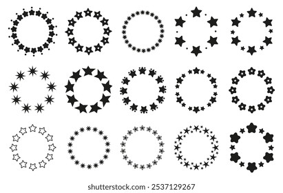 Stars round frames. Black star wreath symbols design. Decorative starry elements for invitation, wedding birthday cards, business templates, vector set