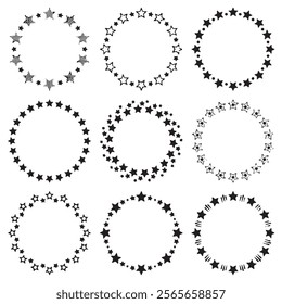 Stars round frames. Black star wreath symbols design. Decorative starry elements for invitation, wedding birthday cards, business templates, vector set original artwork