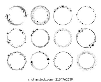 Estrellas con marcos redondos, corona de vacaciones. Anillos brillantes negros, conjunto de logotipo estelar. Navidad, año nuevo, cumpleaños o decoración de bodas. Elementos vectoriales mágicos de rancia