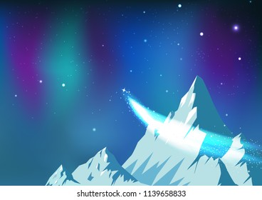 Stars scatter, comet traveling on night sky with aurora, fantasy astronomy constellation ice mountains landscape arctic concept abstract background vector illustration