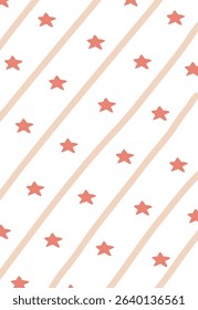 Stars scattered between wavy lines in a seamless pattern. A playful arrangement of stars aligned with curvy stripes. Cartoon vector illustration.